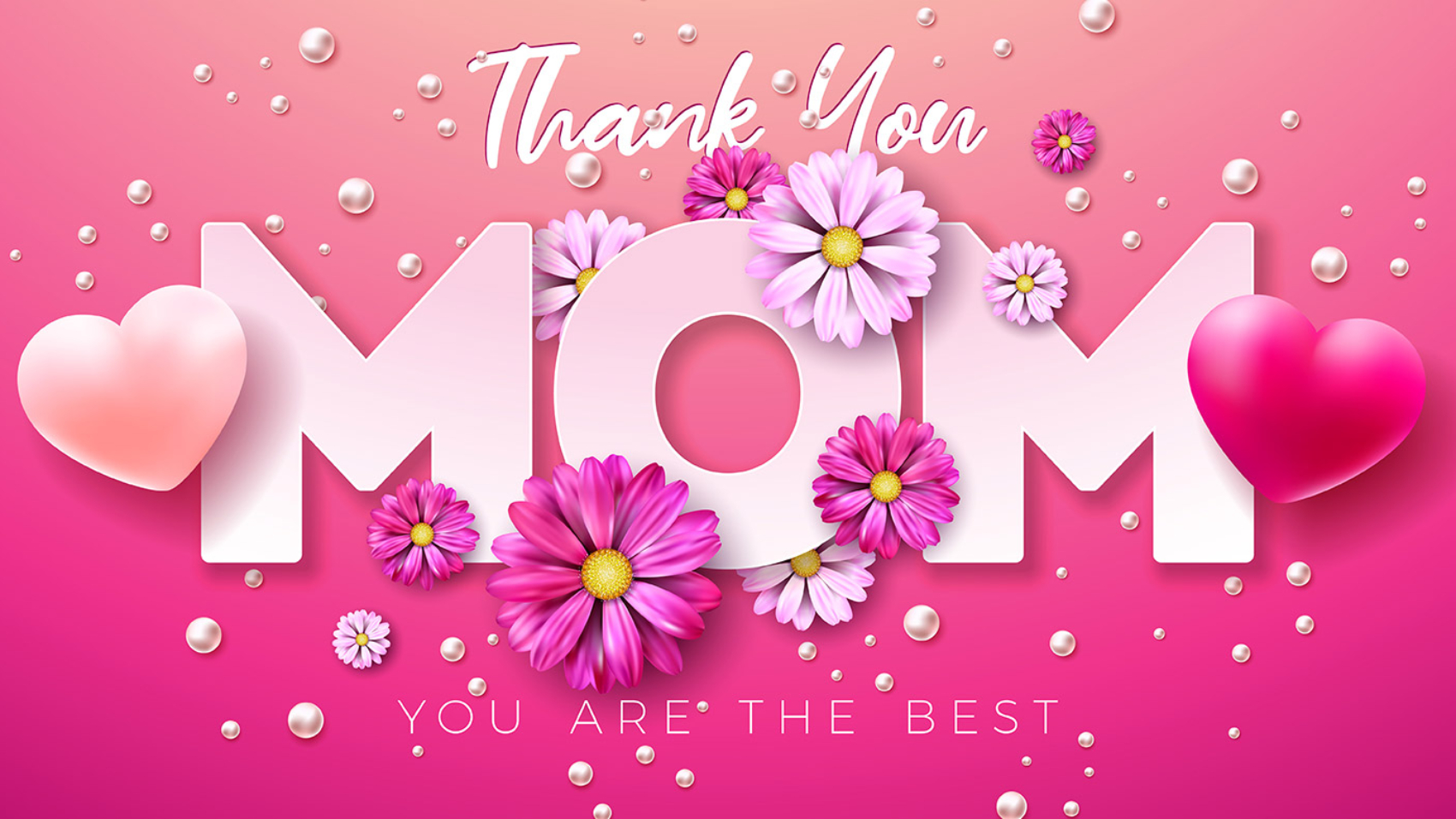 تایپوگرافی کلمه مادر mom با پس زمینه صورتی و قلب و گل