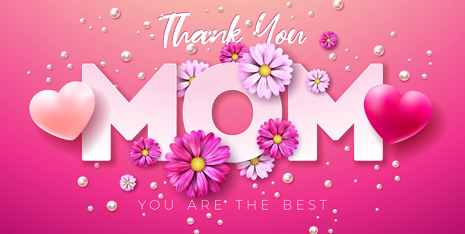 تایپوگرافی کلمه مادر mom با پس زمینه صورتی و قلب و گل