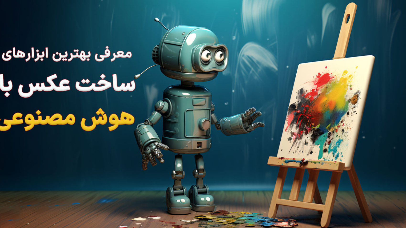 ربات در حال نقاشی و نوشته"ساخت عکس با هوش مصنوعی"