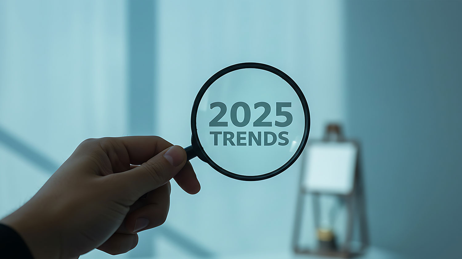 دستی که ذره‌بینی بر روی عبارت ترندهای 2025 گرفته